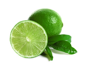 Photo of Fresh ripe green limes on white background