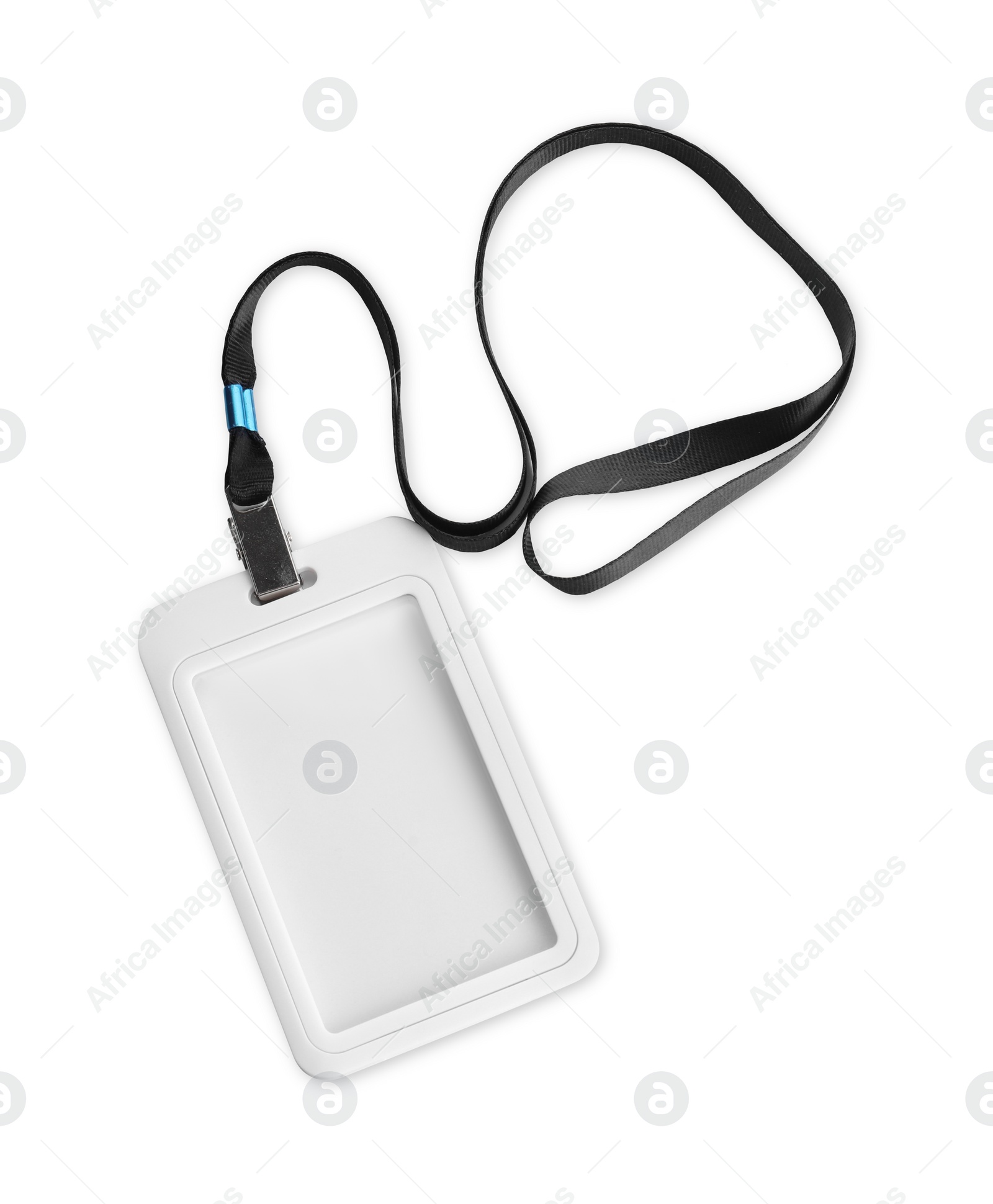 Photo of Blank badge with black string isolated on white, top view