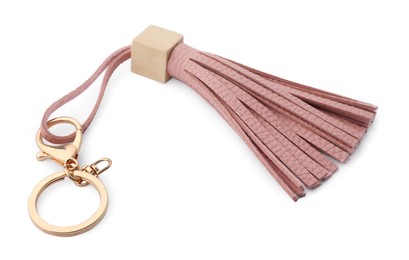 Photo of One pink leather keychain isolated on white