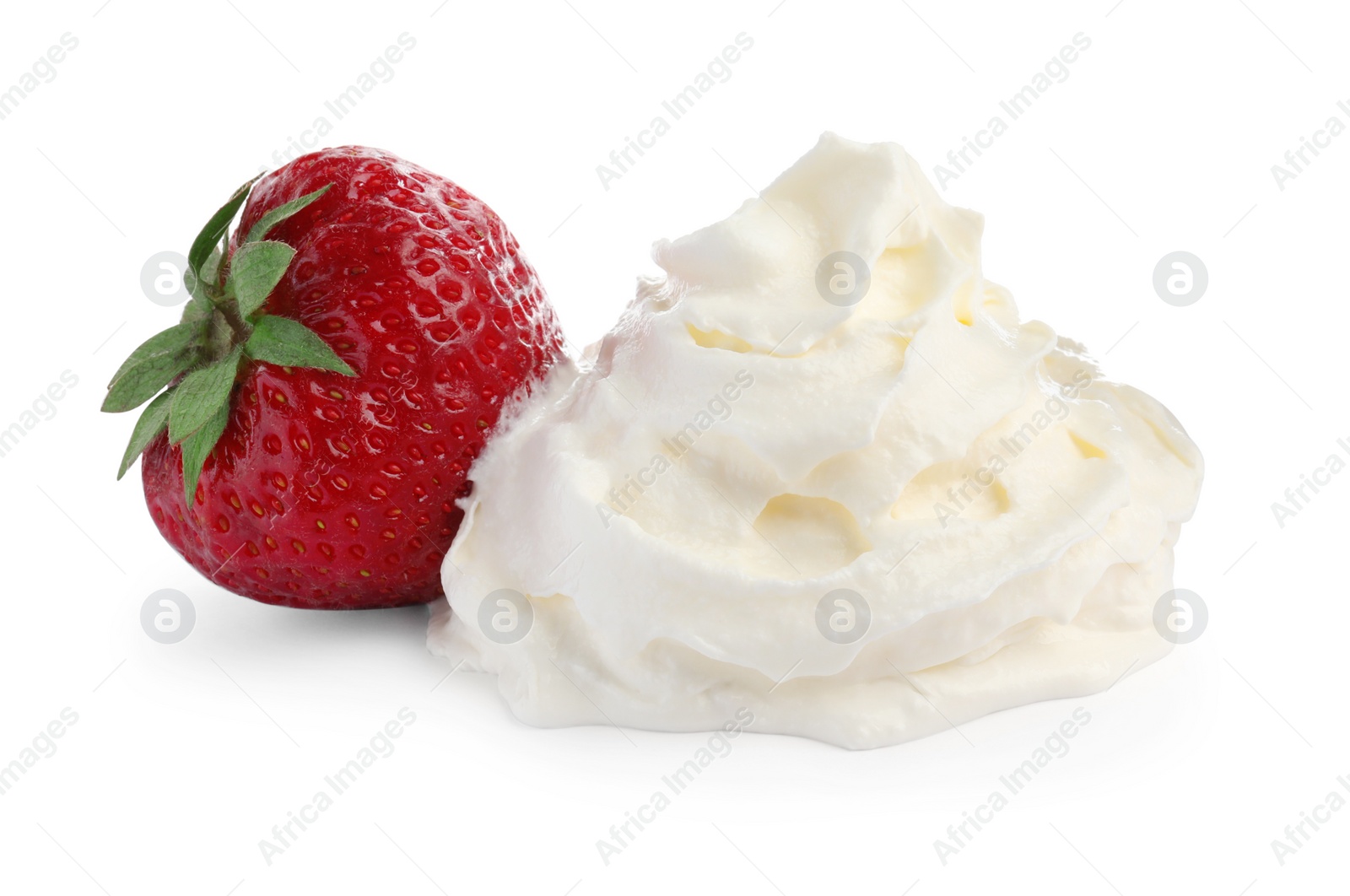 Photo of Delicious strawberry with whipped cream on white background