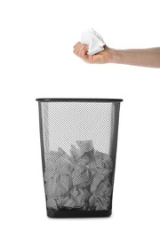 Woman holding crumpled sheets of paper over trash bin, collage 