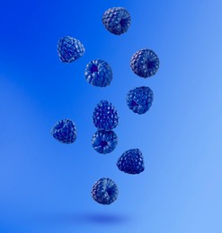 Image of Many fresh blue raspberries falling on blue background