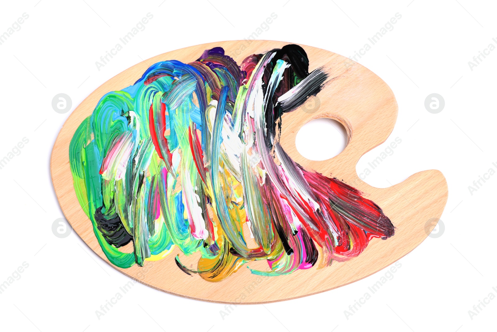 Photo of Palette with paints on white background, top view. Artist equipment