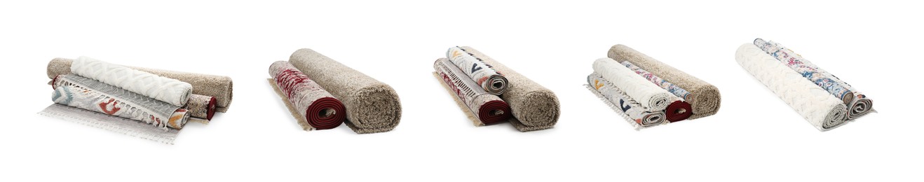 Many different rolled carpets isolated on white, set