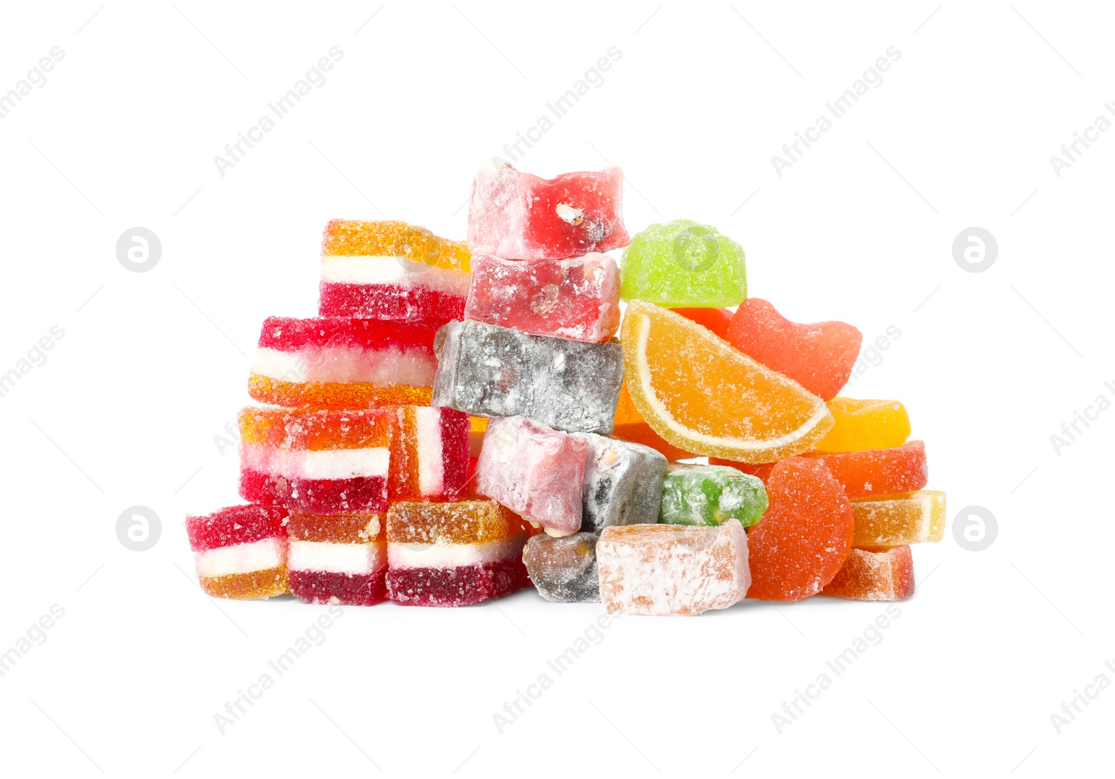 Photo of Pile of delicious bright jelly candies isolated on white
