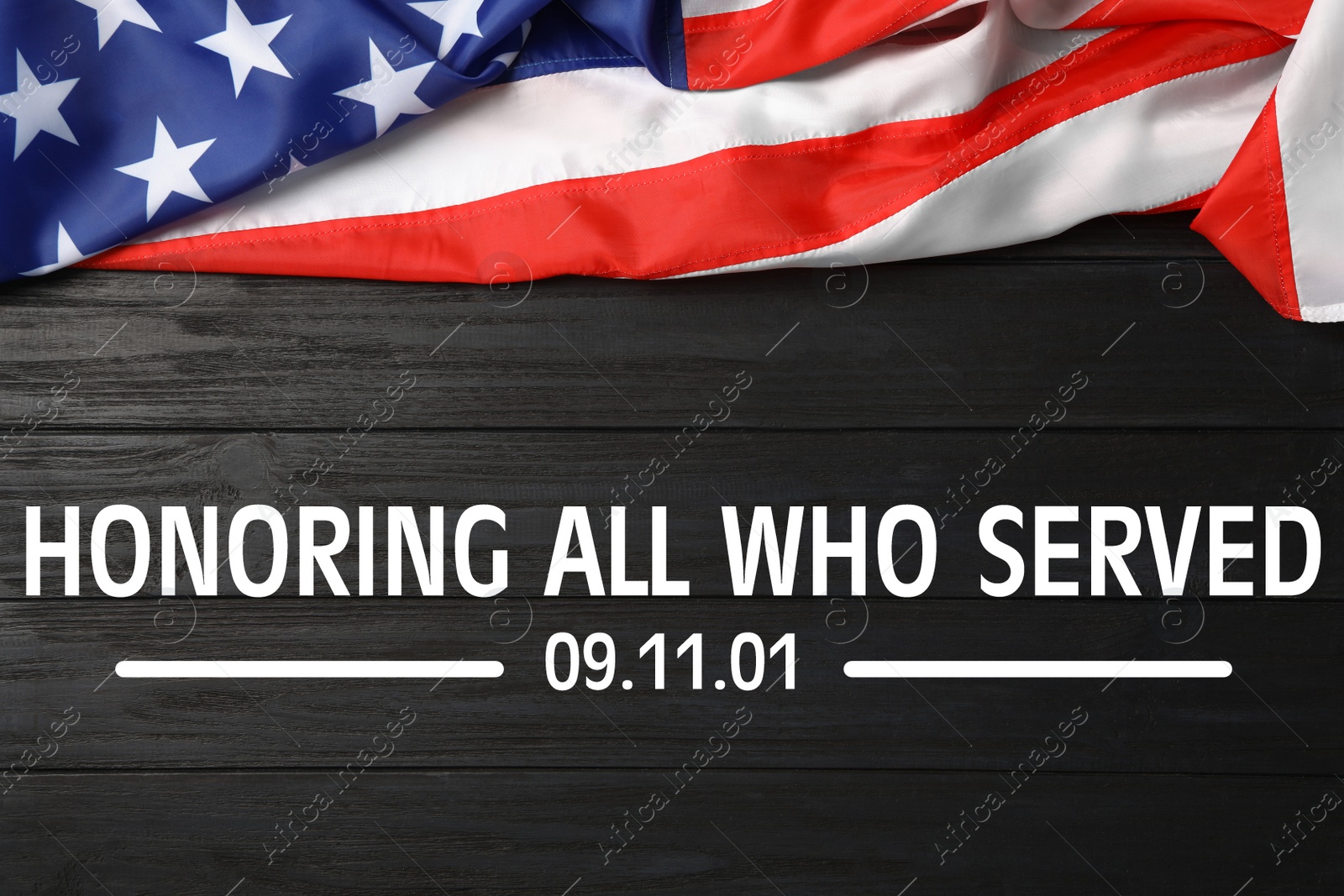 Image of Memorial Day. American flag on black wooden table, top view 