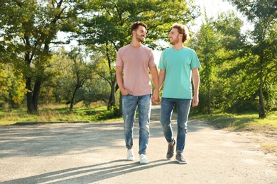 Photo of Happy gay couple walking in green park