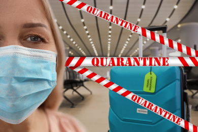 Image of Stop travelling during coronavirus quarantine. Woman with medical mask in airport