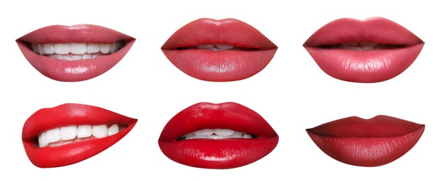 Image of Attractive lips with beautiful lipsticks isolated on white, collage. Banner design