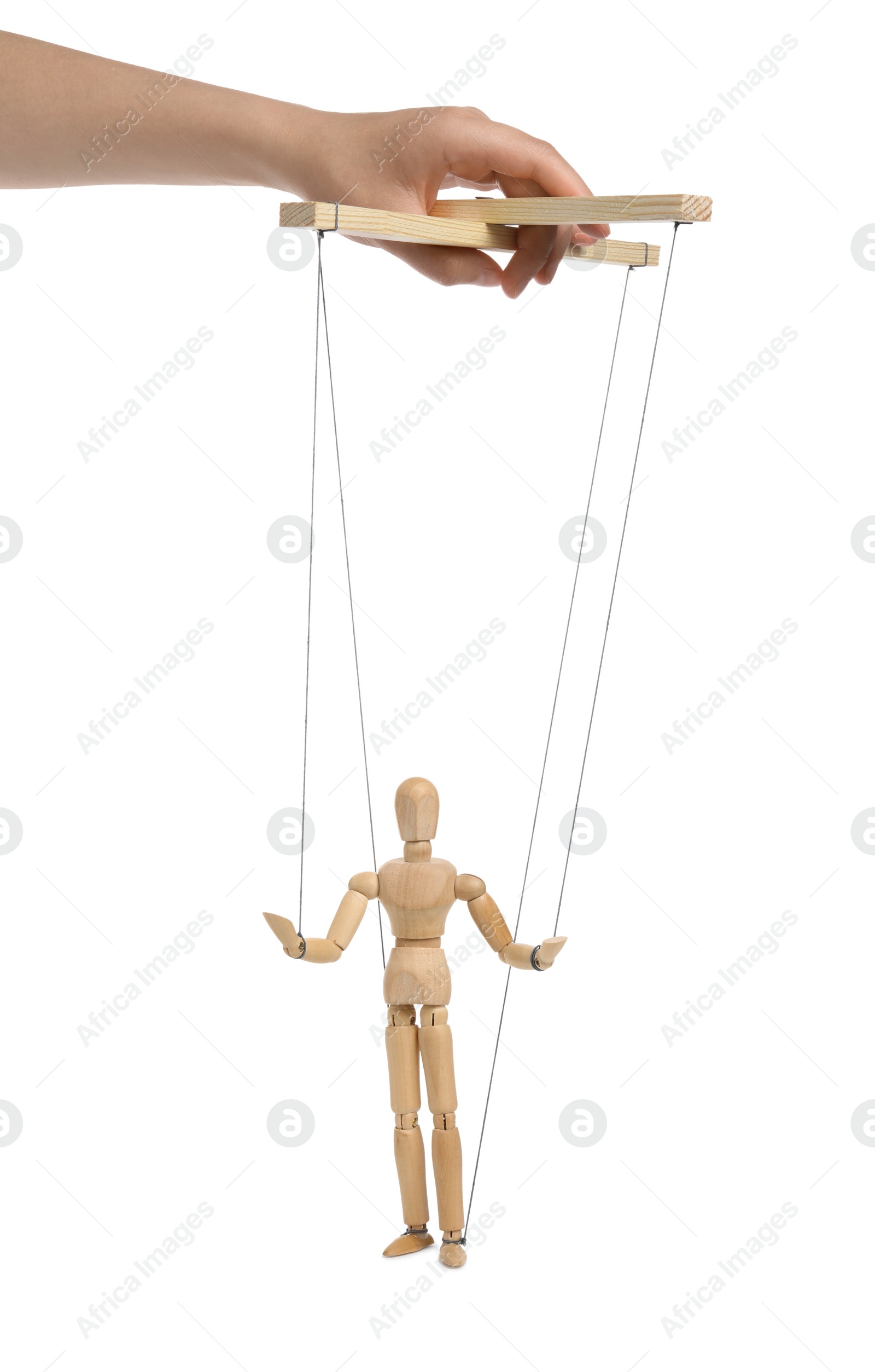 Photo of Woman pulling strings of puppet on white background, closeup