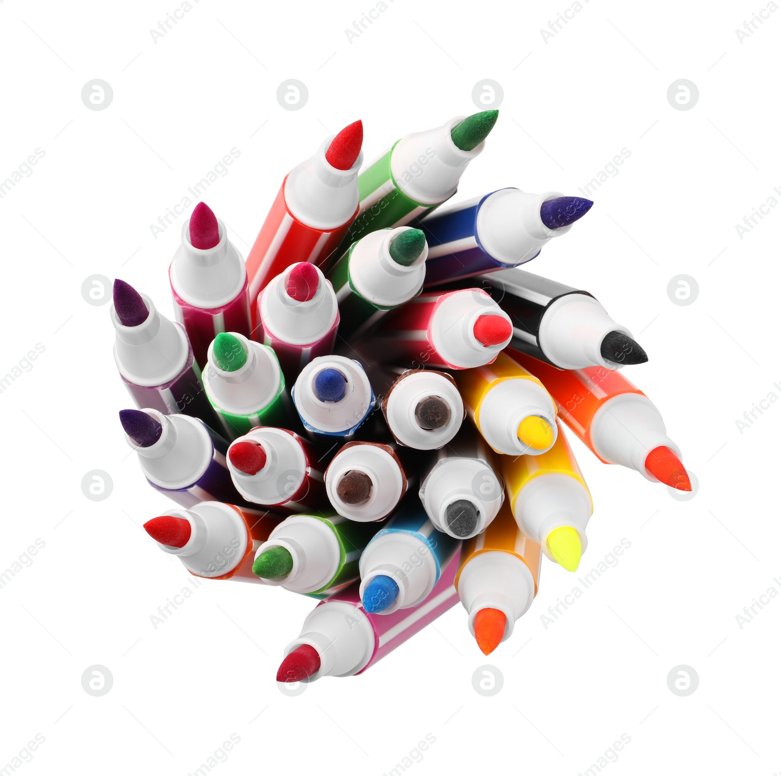 Photo of Many bright markers isolated on white, top view