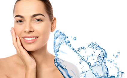 Image of Beautiful woman with perfect skin and splash of clear water on white background, banner design