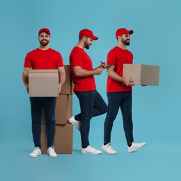 Delivery service. Happy courier with cardboard boxes on light blue background, collage of photos