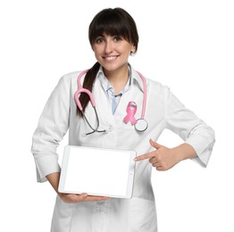 Photo of Mammologist with pink ribbon showing tablet on white background. Breast cancer awareness