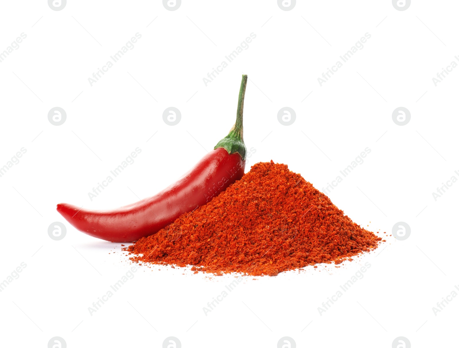 Photo of Fresh chili pepper and powder on white background