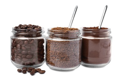 Photo of Jars with different types of coffee on white background