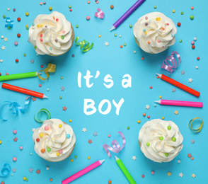 Image of Flat lay composition with baby shower cupcakes for boy on light blue background