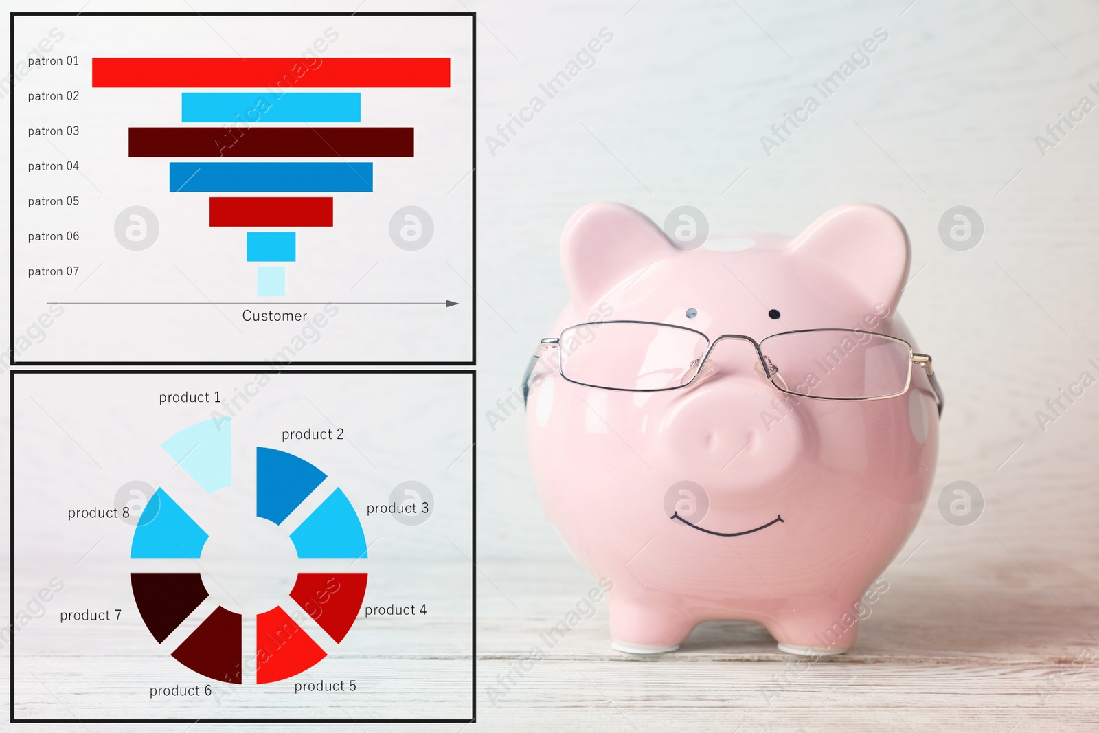 Image of Pink piggy bank with glasses and graph on light background