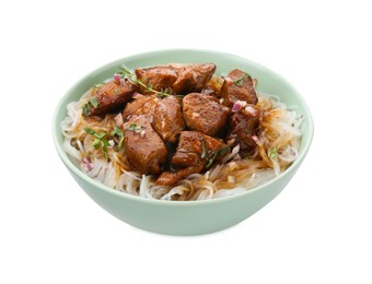 Photo of Bowl with pieces of soy sauce chicken and noodle isolated on white