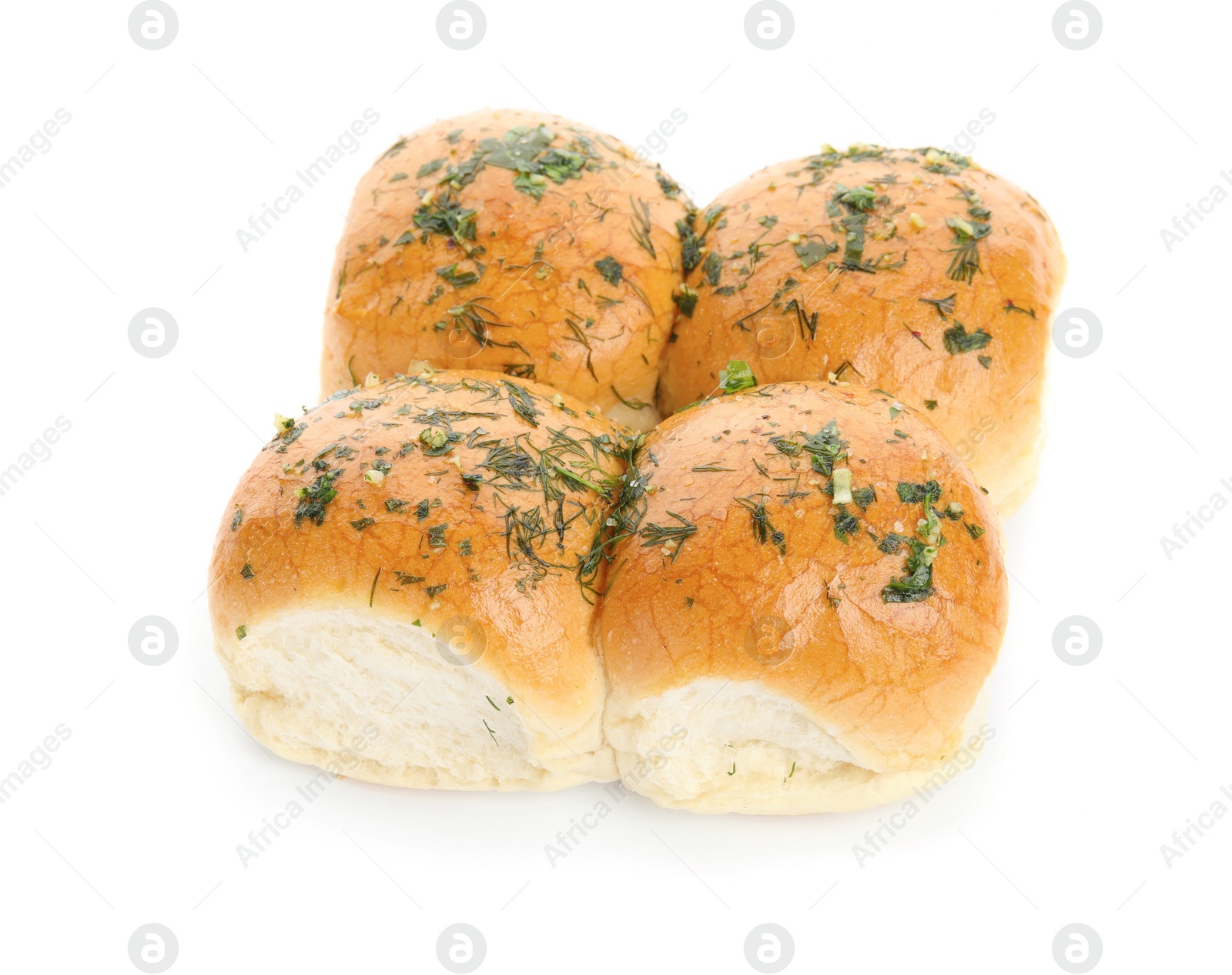 Photo of Traditional pampushka buns with garlic and herbs on white background