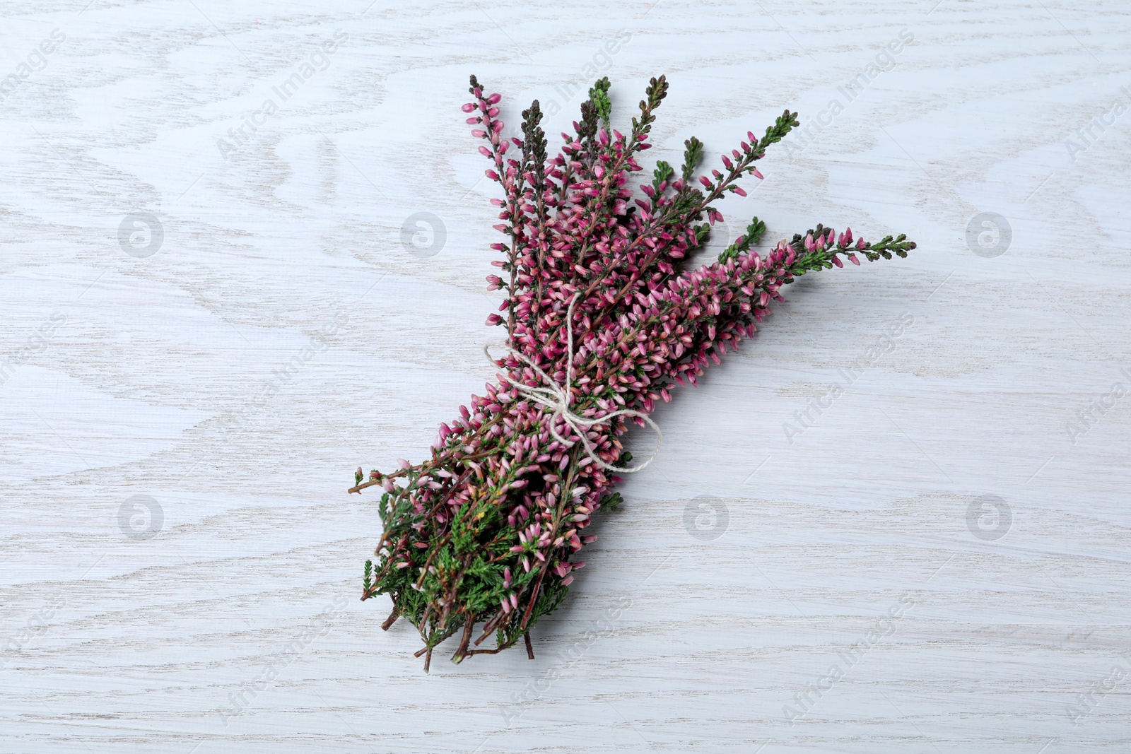 Photo of Bunch of heather branches with beautiful flowers on white wooden table, top view