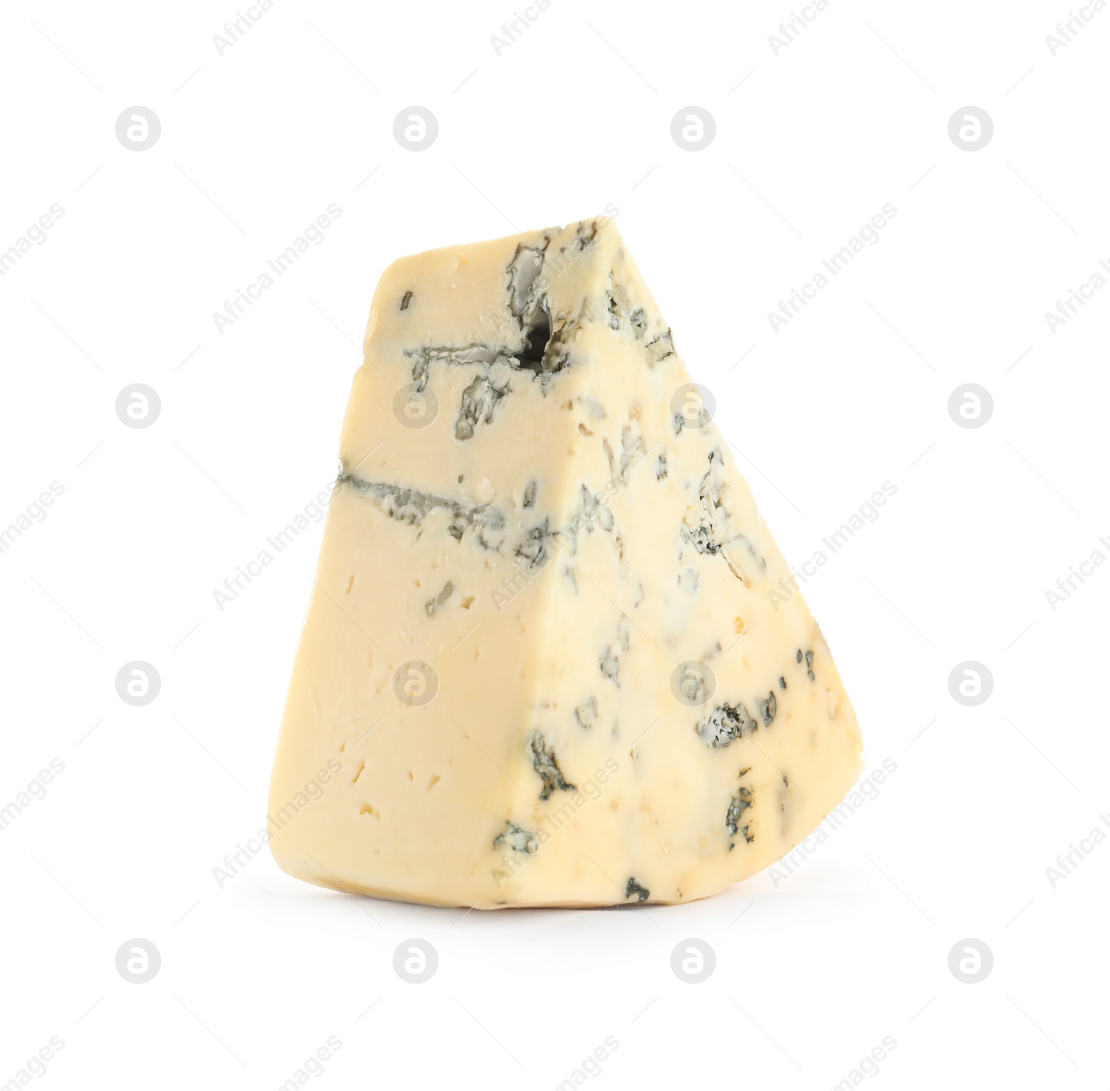 Photo of Piece of delicious blue cheese on white background