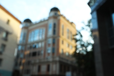 KYIV, UKRAINE - MAY 23, 2019: Beautiful building on city street, bokeh effect