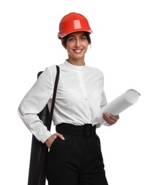 Architect with hard hat, tube and draft on white background