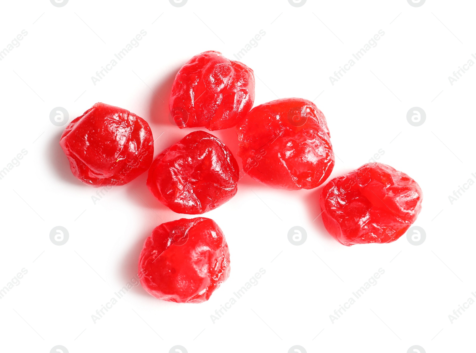 Photo of Tasty cherries on white background, top view. Dried fruits as healthy food