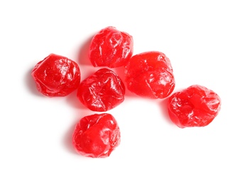 Photo of Tasty cherries on white background, top view. Dried fruits as healthy food