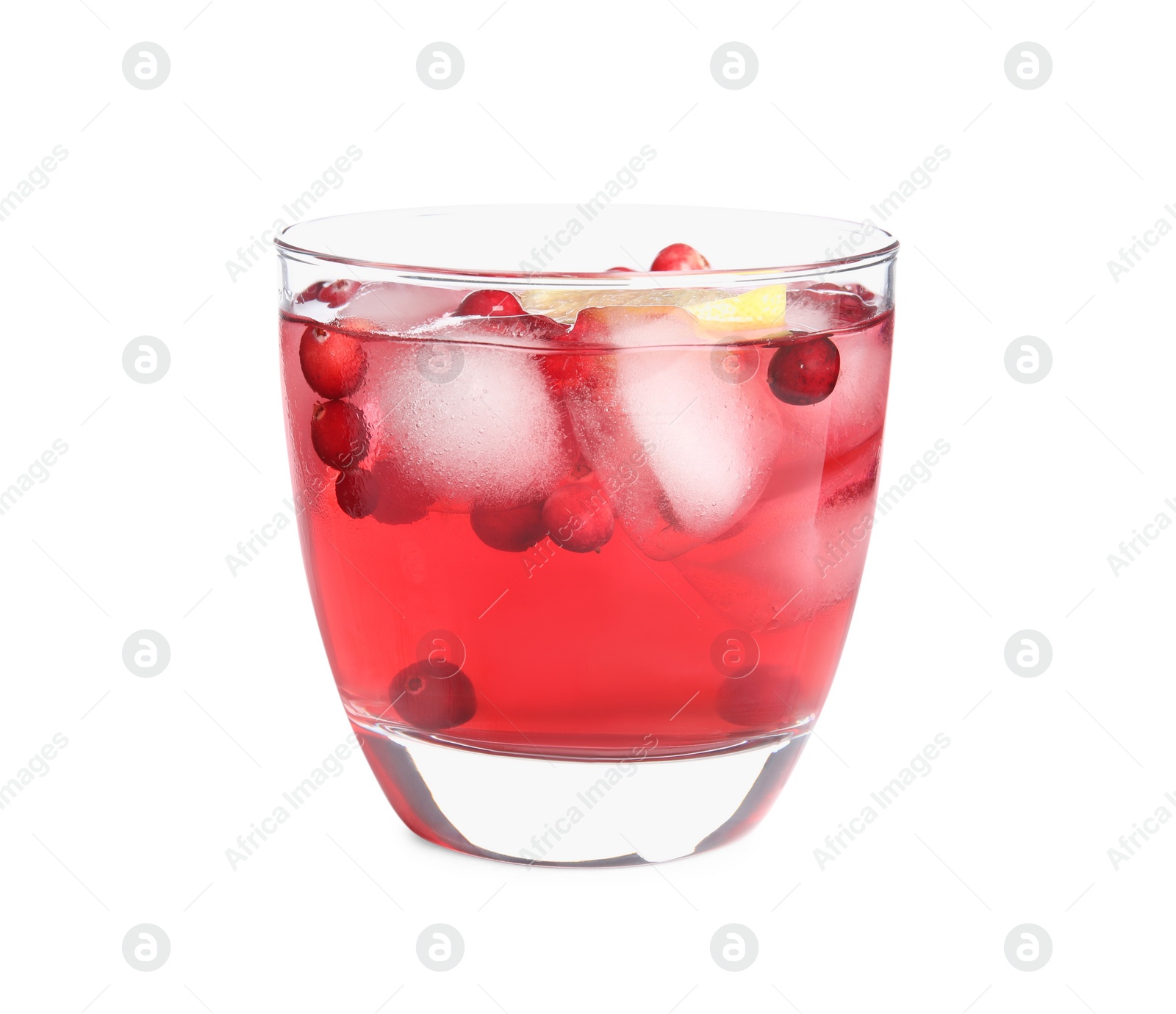 Photo of Tasty refreshing cranberry cocktail with lemon isolated on white