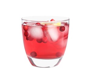 Photo of Tasty refreshing cranberry cocktail with lemon isolated on white