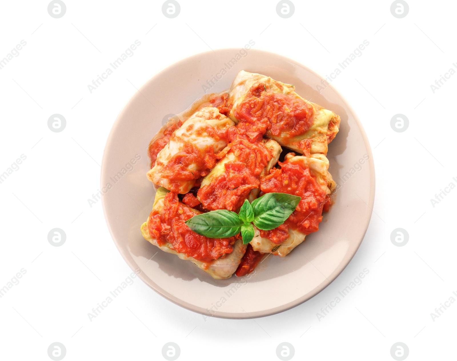 Photo of Stuffed cabbage leaves with minced meat and rice in tomato sauce on white background