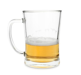 Photo of Half empty mug of beer isolated on white