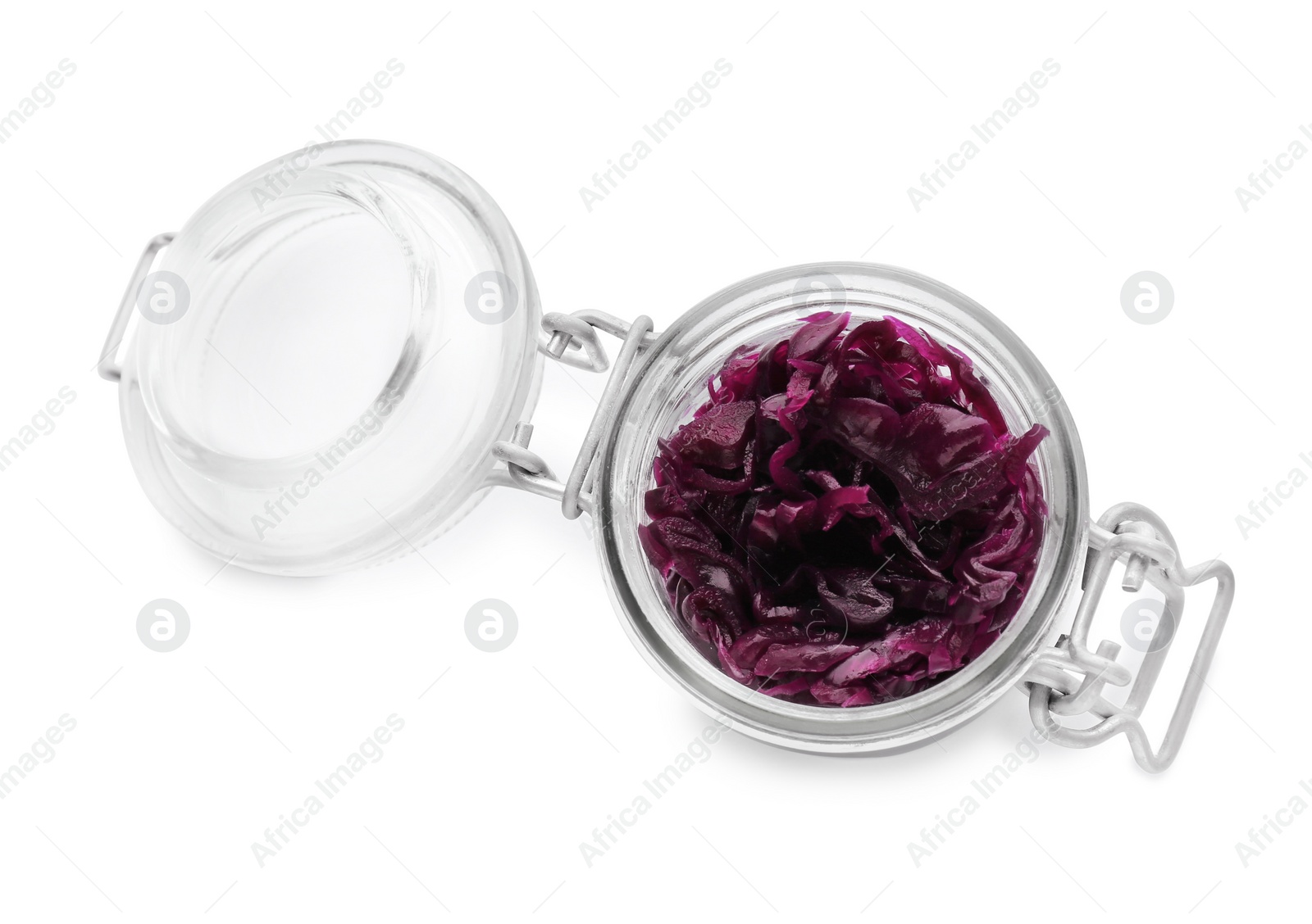 Photo of Jar with tasty red cabbage sauerkraut isolated on white, top view