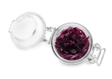 Jar with tasty red cabbage sauerkraut isolated on white, top view