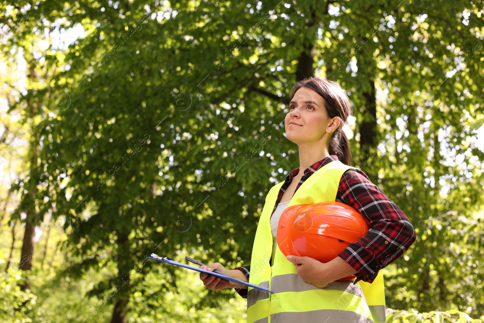 Photo of Forester with hard hat and clipboard examining plants in forest, space for text