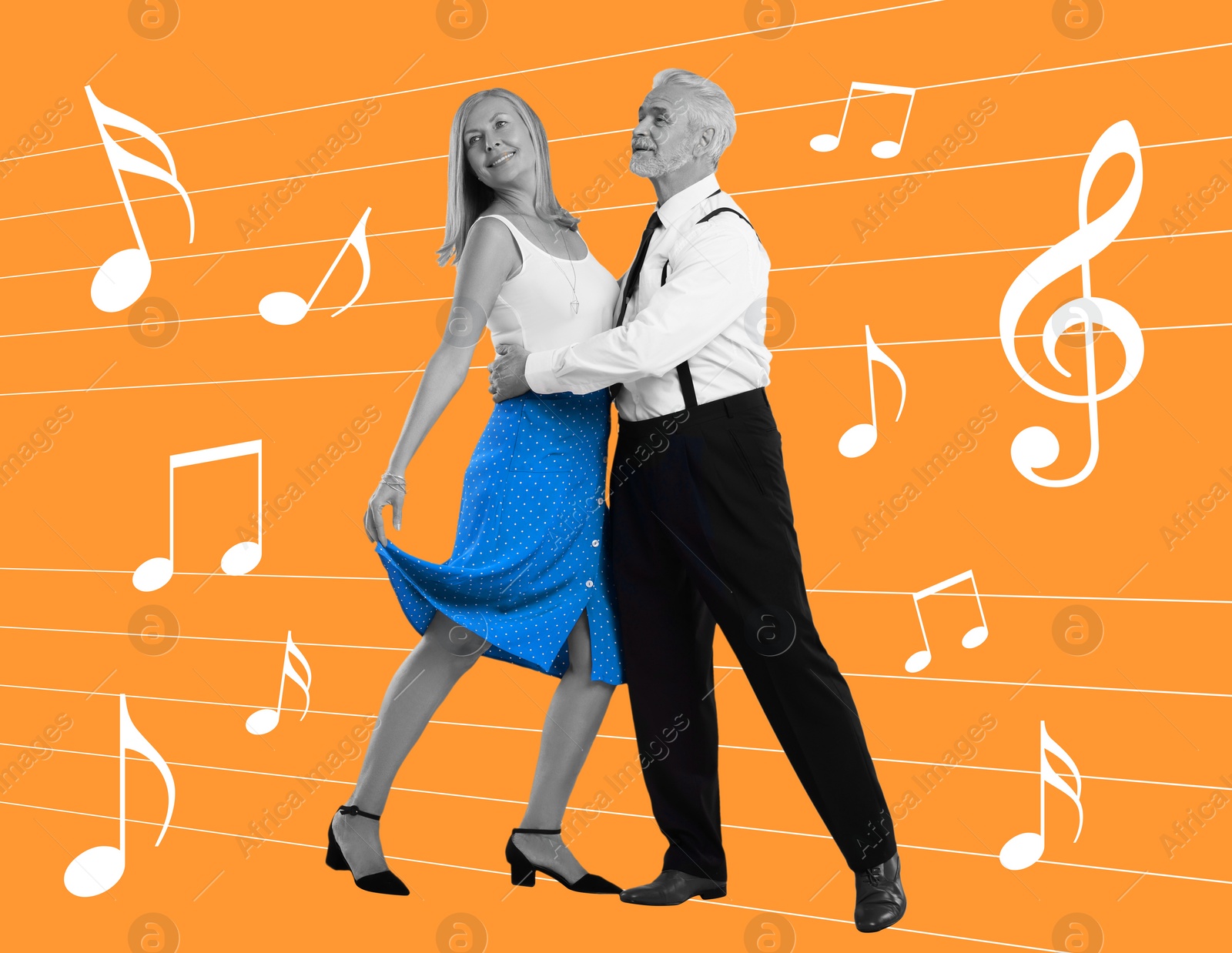 Image of Happy couple dancing on bright background. Creative collage with stylish mature man and woman. Concept of music, energy, party, fashion, lifestyle