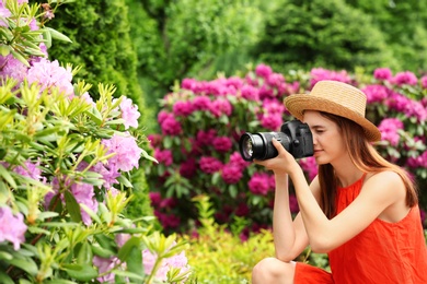 Photo of Photographer taking photo of blossoming bush with professional camera in park