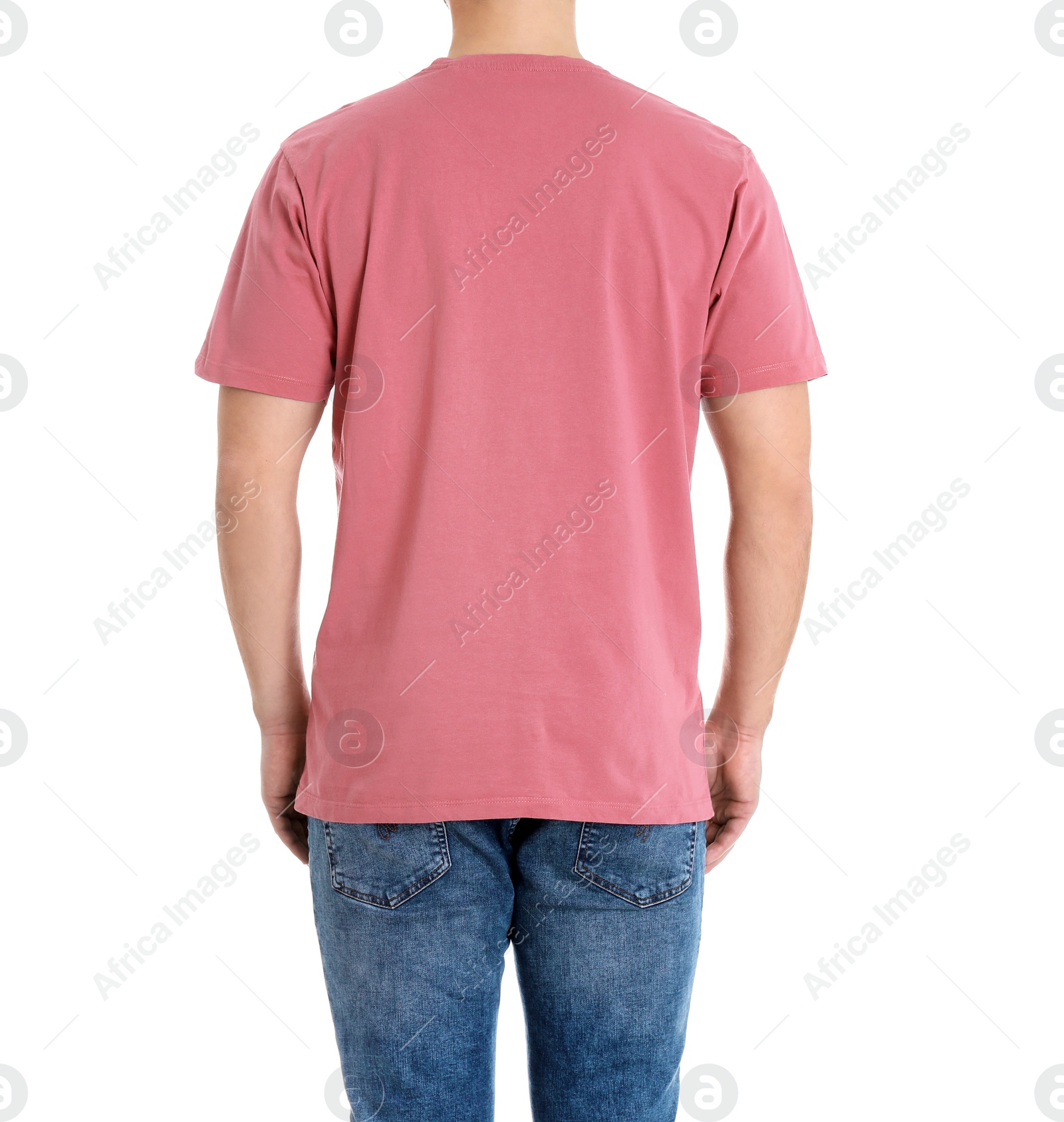 Photo of Young man on white background, closeup. Weight loss