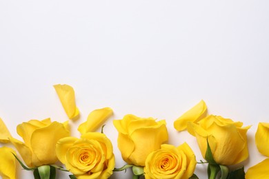 Photo of Beautiful yellow roses on white background, flat lay. Space for text