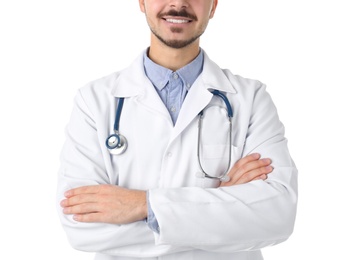 Young medical student in uniform on white background