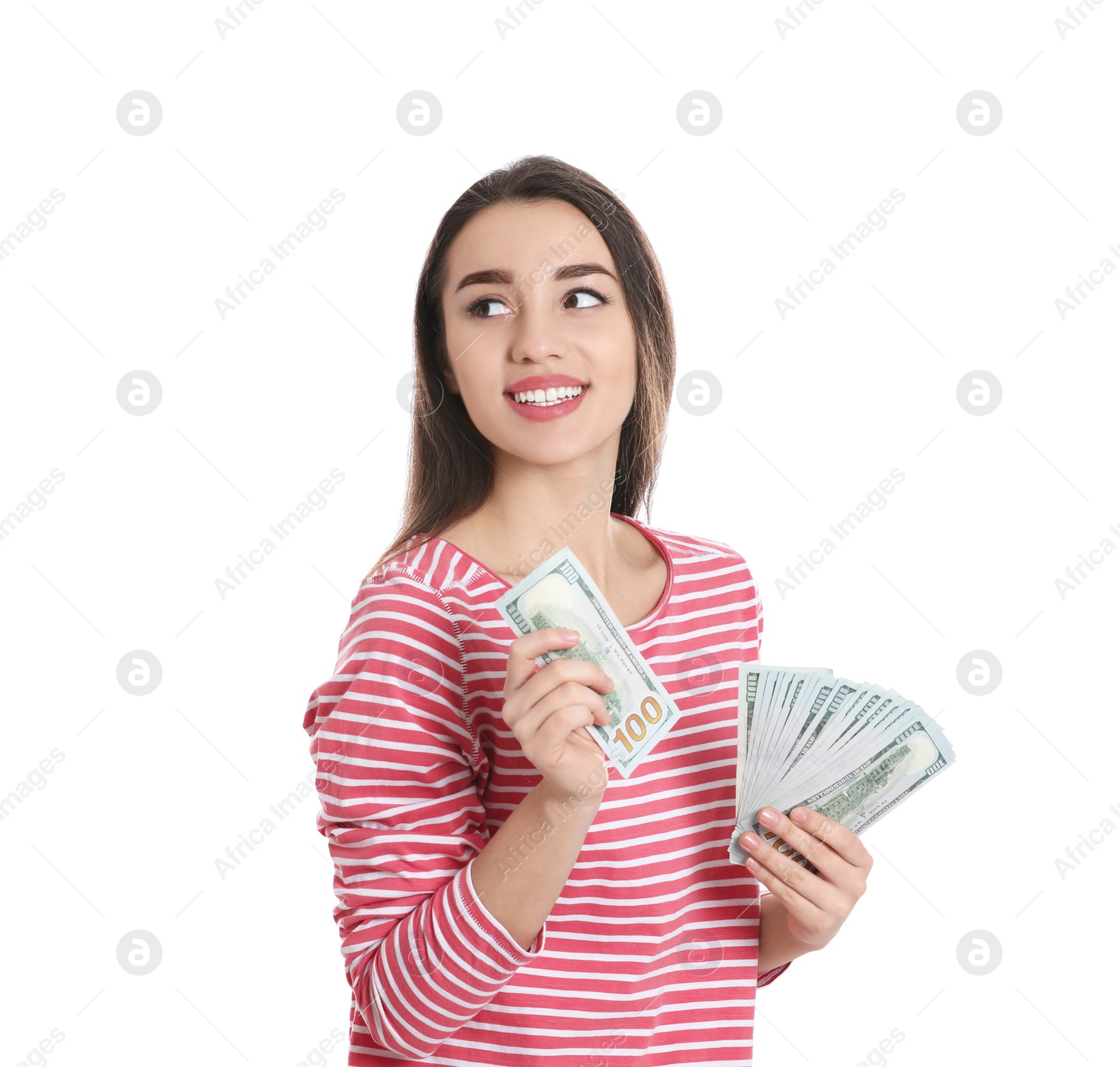 Photo of Portrait of happy young woman with money on white background