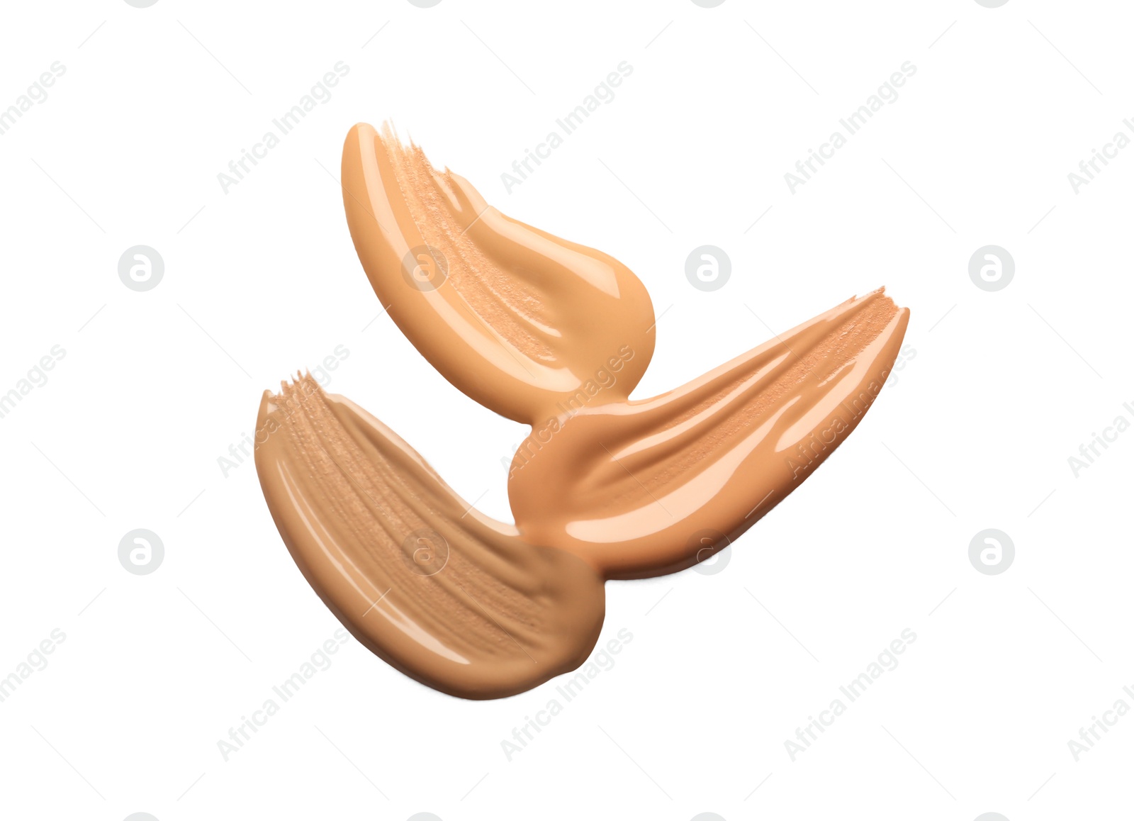 Photo of Samples of liquid skin foundation on white background, top view. Space for text