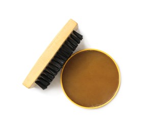 Shoe care accessories on white background, top view