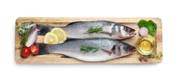 Tasty sea bass fish and ingredients isolated on white, top view