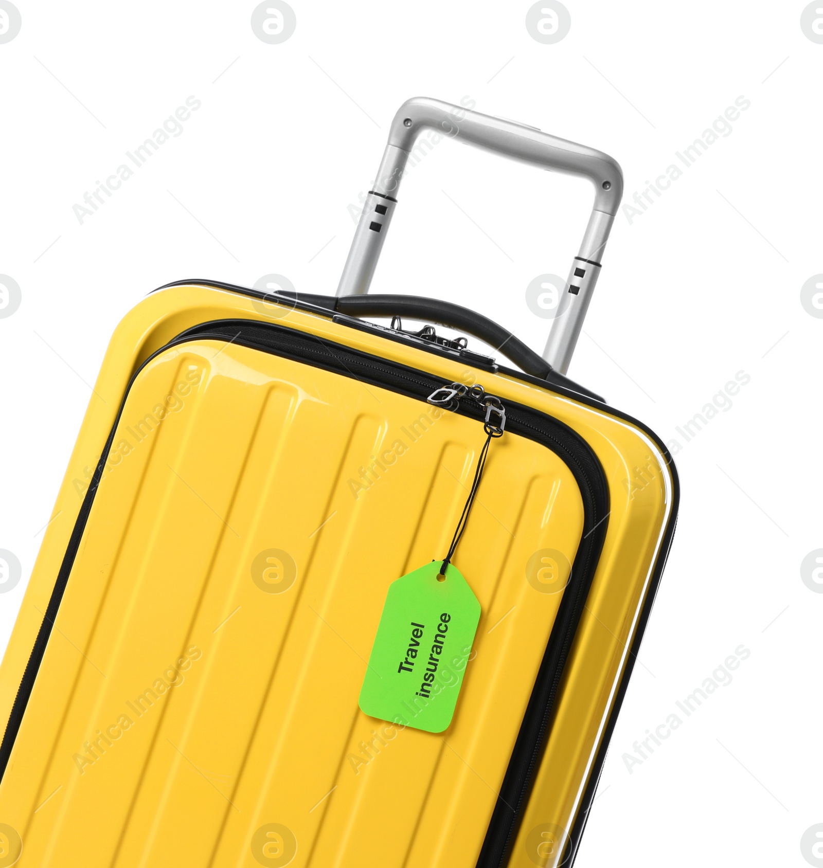 Photo of Yellow suitcase with TRAVEL INSURANCE label on white background