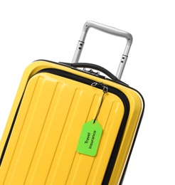 Yellow suitcase with TRAVEL INSURANCE label on white background