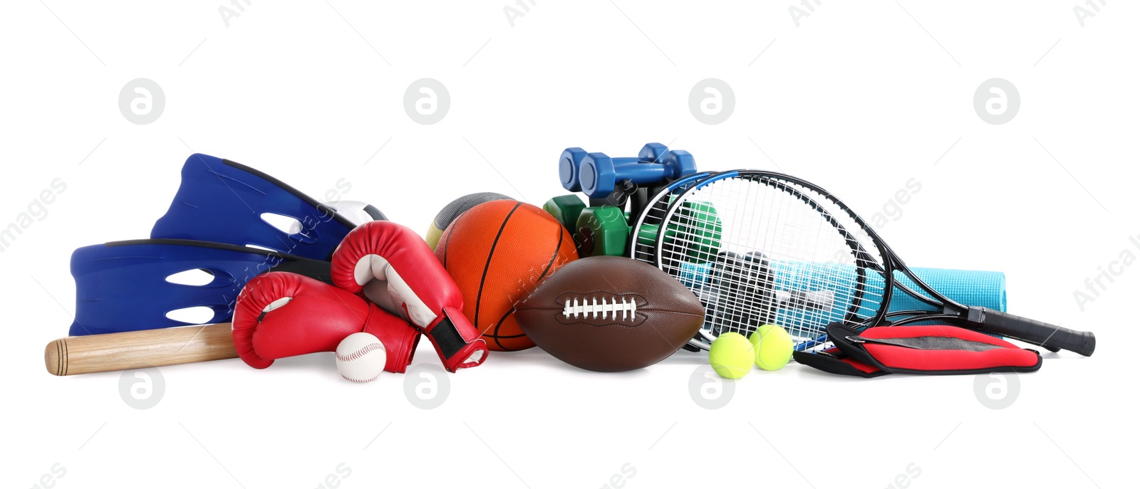 Photo of Set of different sports equipment on white background