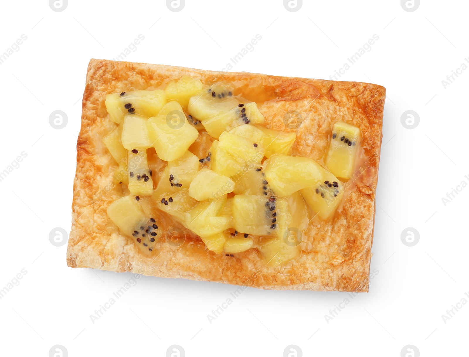 Photo of Fresh tasty puff pastry with kiwi isolated on white, top view